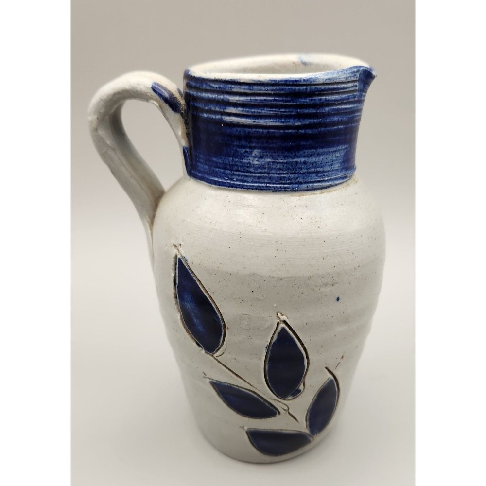 Williamsburg Pottery Pitcher Blue Leaves 5" Stamped